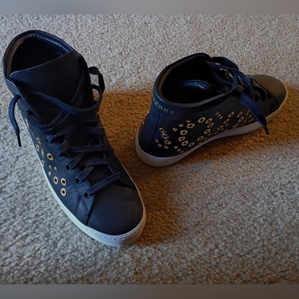 Authentic Black Burberry High-Top Sneakers with Gold Accents